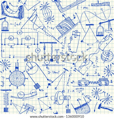 Physics doodles on school squared paper, seamless pattern