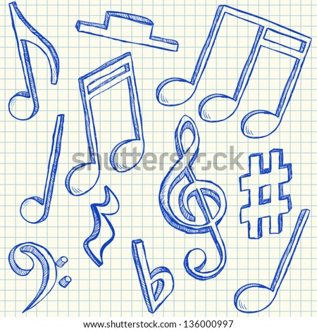 Musical notes doodles on school squared paper