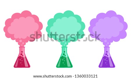Set of flasks. Colorful smoke coming out of flask. Chemical reaction. Magical reaction. Vector illustration, flat cartoon style. Isolated on white background.