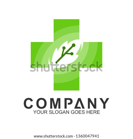 medical cross with leaf for health logo, pharmacy vector, medical care icon
