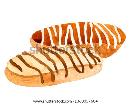 Two Eclair with Chocolate topping. Watercolor hand drawn illustration. 