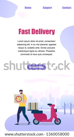 Vertical Banner with Copy Space. Cartoon Man Character Carry Pizza Box in Hands. Bearded Guy Delivery Service Order Shipping. Red Scooter Stand on City View Background. Flat Vector Illustration.