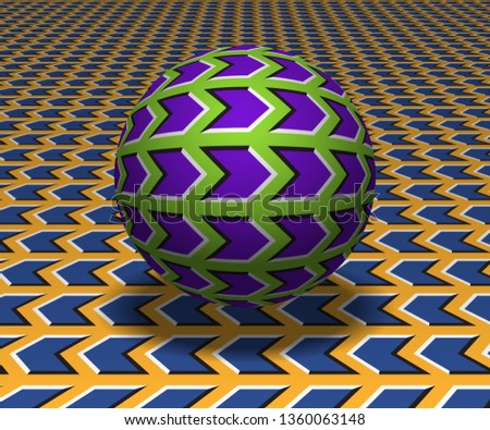 Sphere hovers above the surface. Abstract objects with arrow shapes pattern. Vector optical illusion illustration.
