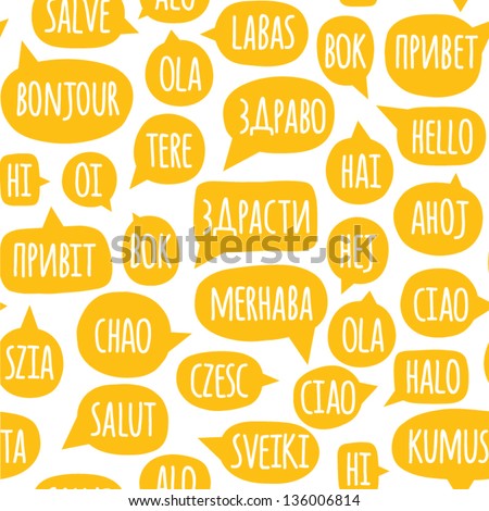 Seamless pattern with speech bubbles with the word hello in different languages. Welcome background. Doodle speech bubble pattern. Friendship design for your skin device or website