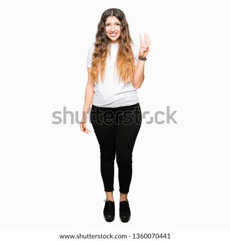 Young beautiful woman wearing casual white t-shirt showing and pointing up with fingers number four while smiling confident and happy.