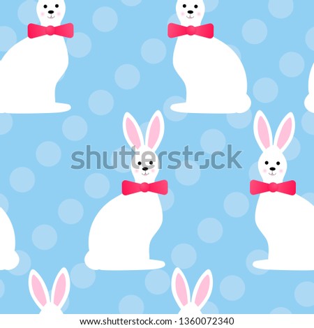 Seamless pattern with cute easter white fun rabbits, circles, blue color. Template for fabric, wrapping, textile, wallpaper, print for clothes, website, card wrapping backdrop.Vector illustration