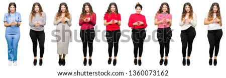 Collage of beautiful young woman wearing different looks over white isolated background Hands together and fingers crossed smiling relaxed and cheerful. Success and optimistic