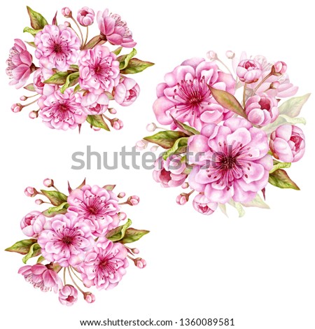 Watercolor pink blossom bouquets. Floral arrangement clipart. 