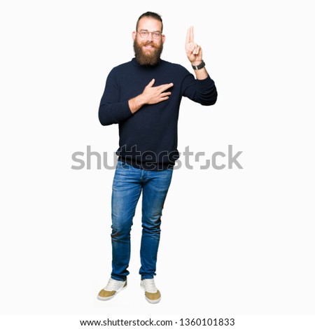 Young blond man wearing glasses and turtleneck sweater Swearing with hand on chest and fingers, making a loyalty promise oath