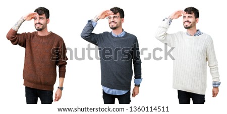 Collage of young man wearing a sweater over isolated background very happy and smiling looking far away with hand over head. Searching concept.