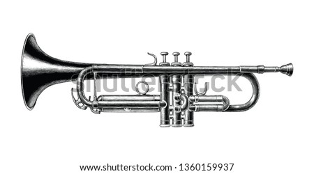 Trumpet hand draw vintage style black and white clip art isolated on white background Royalty-Free Stock Photo #1360159937