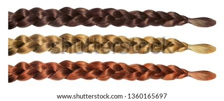 Female hair wig pigtail plait isolated set. Blonde brunette brown hair Royalty-Free Stock Photo #1360165697