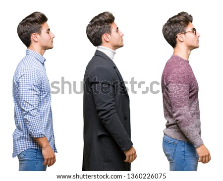 Collage of young handsome business man over isolated background looking to side, relax profile pose with natural face with confident smile.