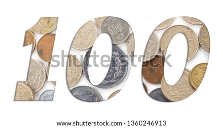 Number 100  with stack of old Turkish coins on white background