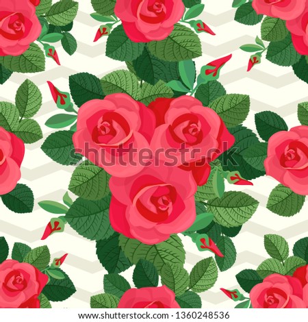 Blooming seamless pattern with roses. Abstract red flowers, leaves and chevron backdrop. Decorative arrangement for repeat background. Vector illustration.
