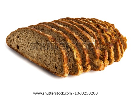 Sliced dark rye bread on white background