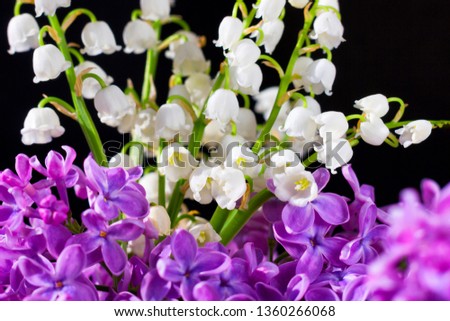 Colourful closeup composition of spring flowers lilac (Syringa) and lily of valley (Convallaria majalis) on dark background with shallow depth