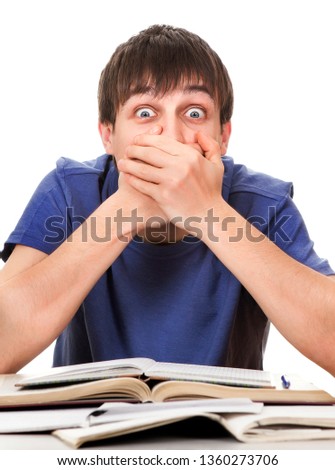 Shocked Student close a Mouth on the White Background