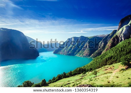 View on Norway fiord landscape - Aurlandsfjord, part of Sognefjord Royalty-Free Stock Photo #1360354319
