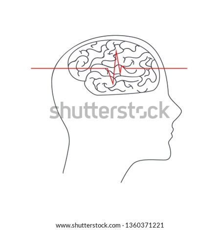 Silhouette of a human head with a brain with neural activity in one line
