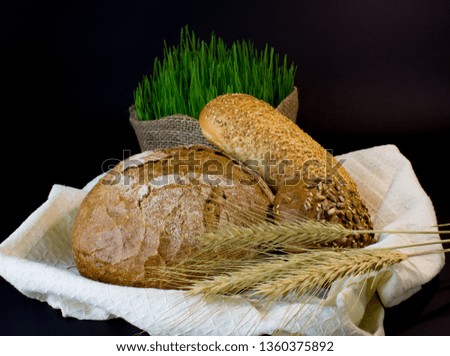 rye bread on a white towel on the background of sprouted wheat, close-up with spikelets