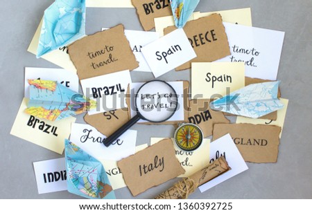 lets go travel text words, country selection, map magnifier compass