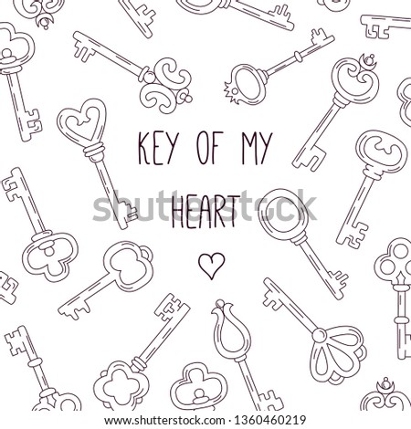 Keys doodle line black and white icons banner template vector illustration