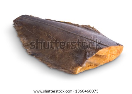 cold smoked halibut fish with skin on white background.