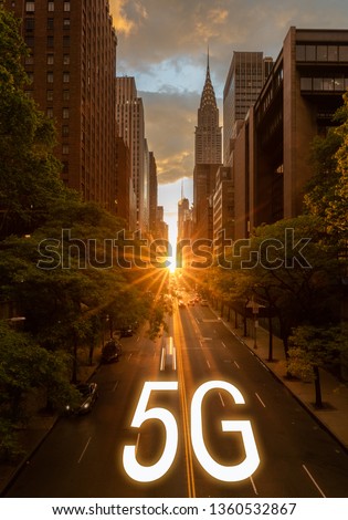 Manhattanhenge provides background for 5G wireless technology in New York City USA