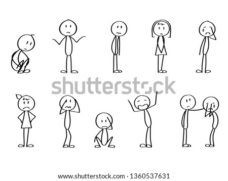 Set of sad stick men. Crying, offended, mad and disappointed stick figures. Bad emotions collection.   Royalty-Free Stock Photo #1360537631