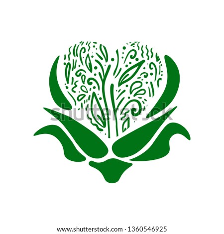 Hand drawn doodle vector illustration. Ecology, nature protection. Green flower concept on the white background.