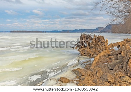 Shore View along the Frozen Mississippi River in Winter near Lynxville, Wisconsin