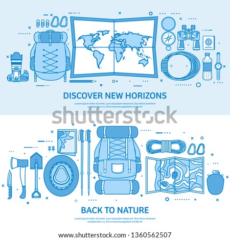 Travel and tourism. World map, earth globe. Trip tour journey, summer holidays. Traveling, exploring worldwide. Adventure expedition. Flat blue outline background. Line art vector illustration.
