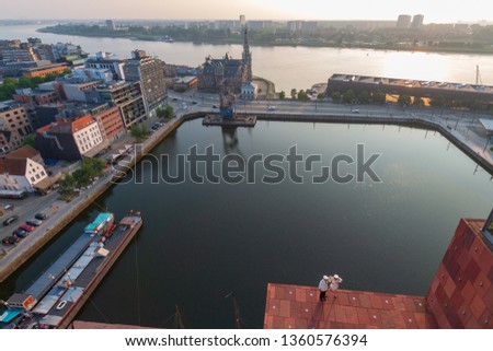 Cityscape of the Belgian city of Antwerp and view to Bonapartedok seen from MAS museum, Museum aan de Stroom Royalty-Free Stock Photo #1360576394