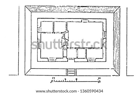 This is a representation of the accommodation of  dwelling XVII. Its kitchen rooms arrangement etc. is shown vintage line drawing or engraving illustration.
