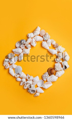 Frame from seashells on orange background. Summer vacation concept. Sea holidays Memories album