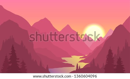 Landscape with mountains and river, view, nature, gorge, sunset or sunrise. Pine forest