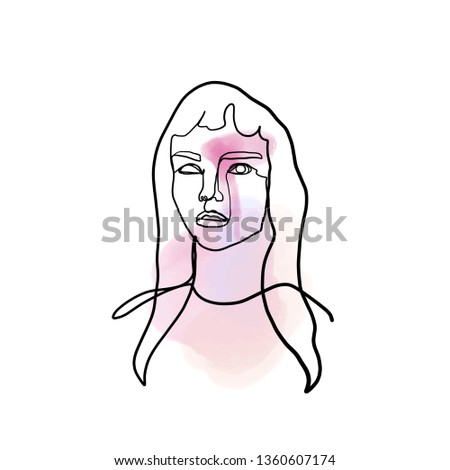 Fashion woman portrait in abstract minimalism continuous line drawing style. Watercolor splashes and smudges. Hand drawn graphic vector illustration. Beauty logo or tempura design for print 