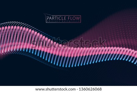 Digital wave of flowing particles in motion. Vector abstract dark background. Mesh of glowing dots, beautiful illustration.