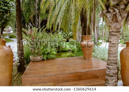 An outdoor space with wood, clay, an aquarium with small fish, ferns, natural plants and coconut trees, make the harmony of this space cozy and decorative.
