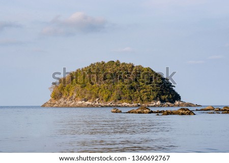 small stone island with palm trees in the sea