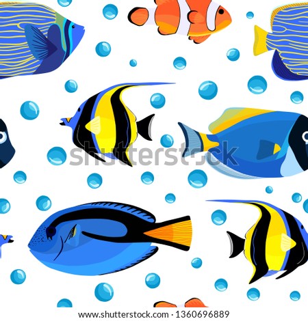 Undersea fish seamless pattern with bubbles. Kids underwater background. Pattern of fish for textile fabric or book covers, wallpapers, design, graphic art, wrapping