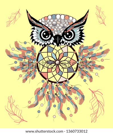 hand drawn Detailed ornate Owl with dream catcher in zentangle style. banner invitation card t-shirt bag postcard poster