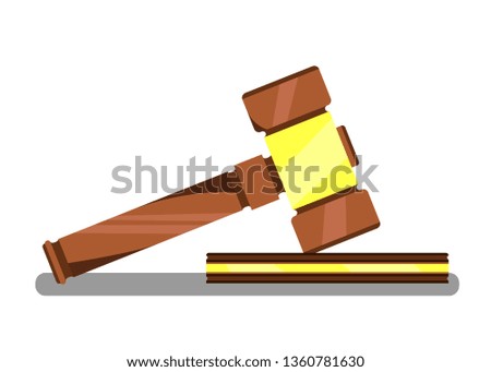 Gavel for Auction Banner Vector Illustration. Wooden judge ceremonial hammer of chairman for adjudication of sentences and bills, court, justice. Legal law and auction symbol. Selling and buying.