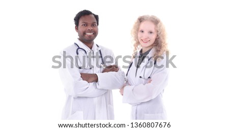 Full body portrait of two happy smiling young medical people,