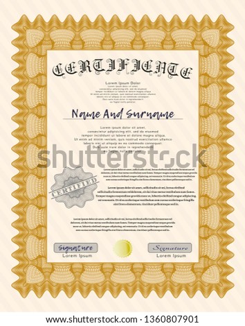 Orange Sample certificate or diploma. With background. Detailed. Retro design. 
