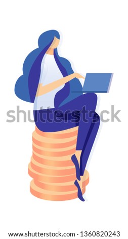 Woman Working with Laptop Flat Vector Illustration. Lady Sitting on Coins Stack Cartoon Characters. Financial Literacy, Freelance, Remote Job. Web Development, Internet Business. Programmer, Blogger