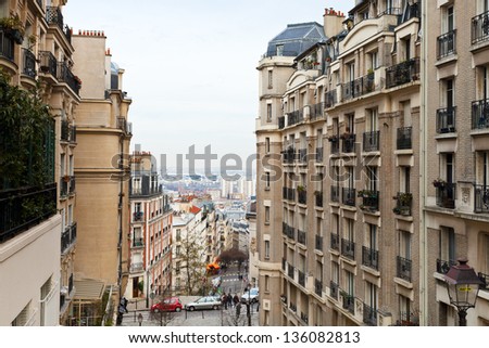 view of Paris streets from Montmartre hill in spring