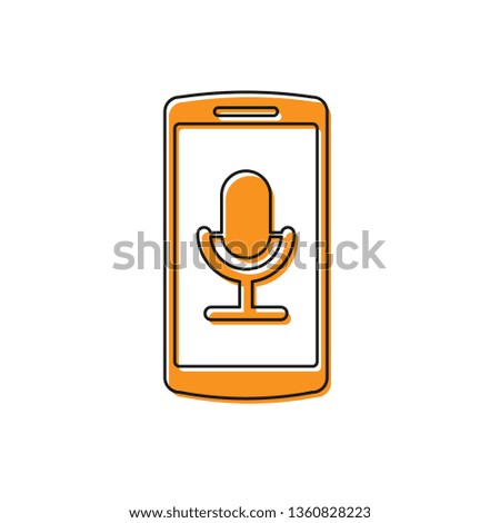 Orange Mobile recording icon isolated on white background. Mobile phone with microphone. Voice recorder app smartphone interface. Vector Illustration