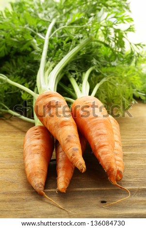 organic carrot with green leaves on a wooden background